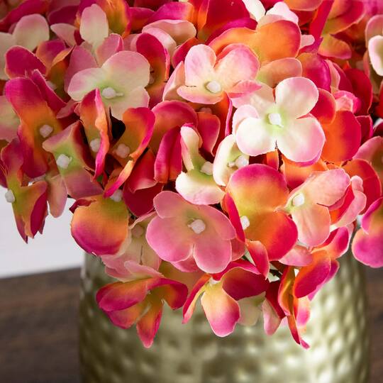 11" Pink Hydrangea Arrangement in Gold Metal Vase